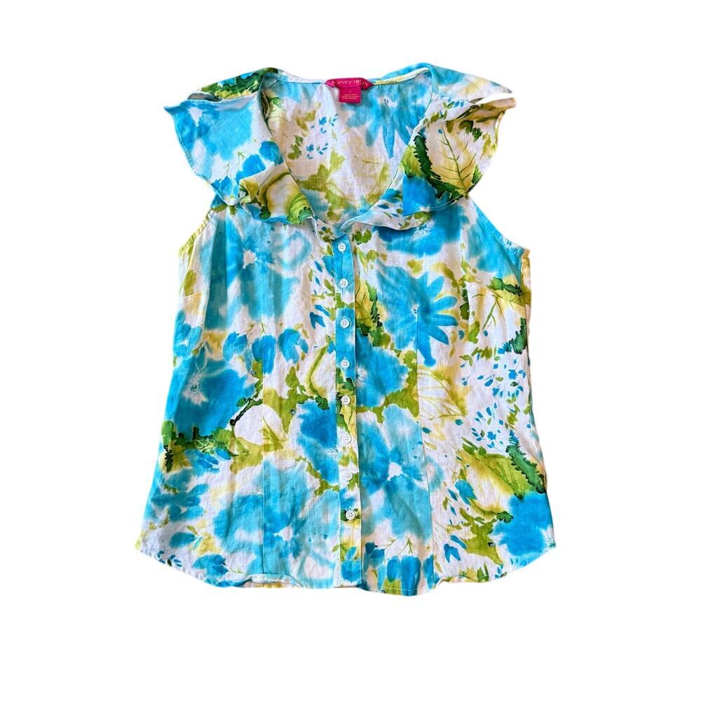 Sunny Leigh Linen Floral Sleeveless Blouse Ruffled Neckline Button Down Small